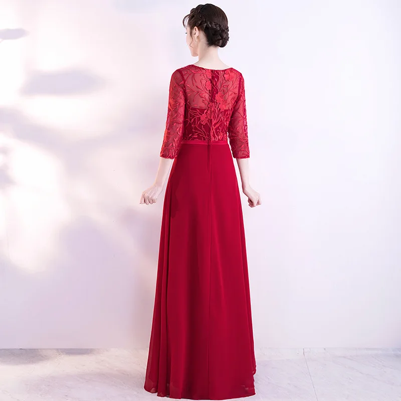 Red Evening Dress 2020 New Chiffon Banquet Party Dress Illusion O-neck Half Sleeve a Line Prom Dresses Haute Couture