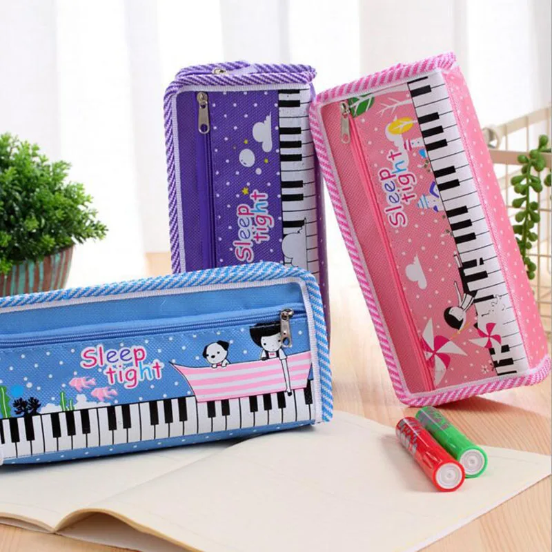 3 Colors Random Creative Large Capacity Storage Bag Cute Piano Pattern Canvas Pencil Case Stationery Box School Supplies