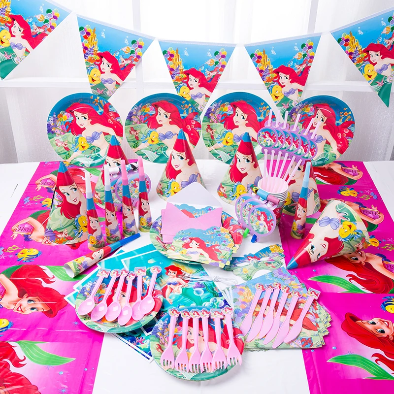 Disney Mermaid Ariel Princess Party Decoration Balloon Disposable Cup Plates Tablecloth Kids Toys Baby Shower Birthday Decor