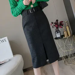 Fall/Winter Woolen Skirt Women's Split Straight Skirt Belt Long Woman Skirts Mujer Faldas Saias Mulher