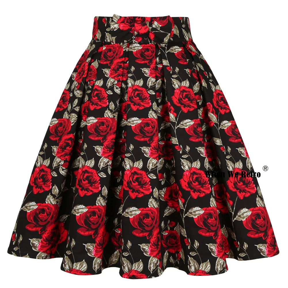 

2021 Festival Rose Floral Print Black Skirt SS0012 50s 60s High Waist Vintage Cotton Midi Pleated Skirt Jupe