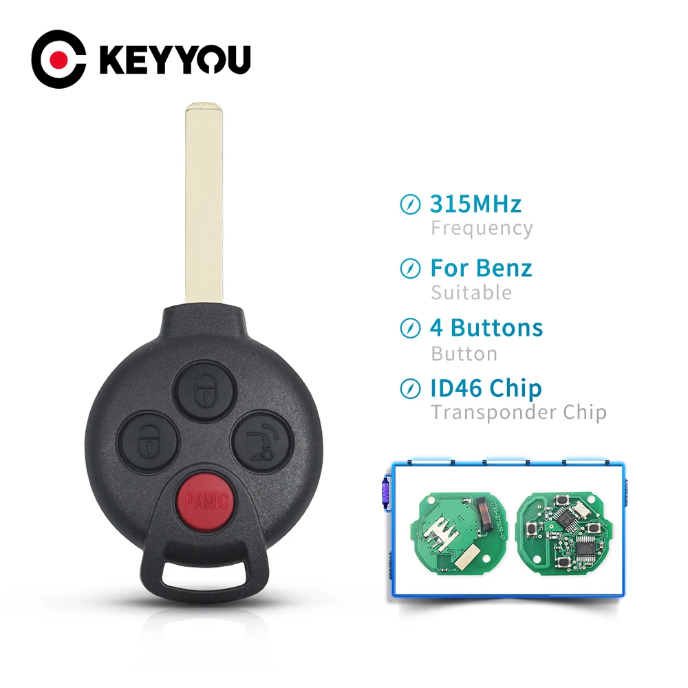 

KEYYOU 5X Remote Car Key 3 4 BTN for Mercedes-Benz Smart Fortwo 451 2007 2008 2009 2010 2011 2012 2013 315Mhz ID46 PCF7941 Chip