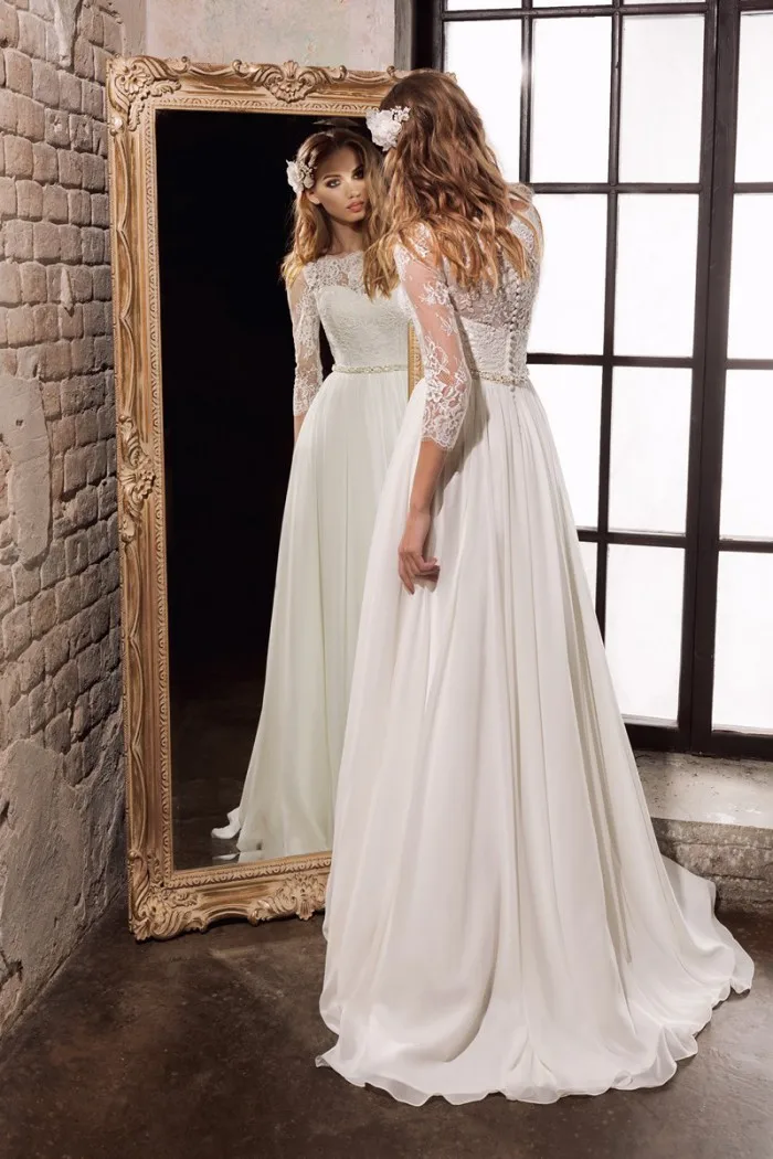 2021 Wedding Dresses Three Quarter Sleeves Top Lace Chiffon Bridal Gowns with Beading Sashes Vestido De Noiva