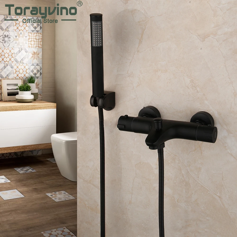 

Torarvino Bathroom Matte Black Thermostatic Faucet Shower Handle Bath Shower Combo Set Wall Mounted Bathroom Bathtub Mixer Tap