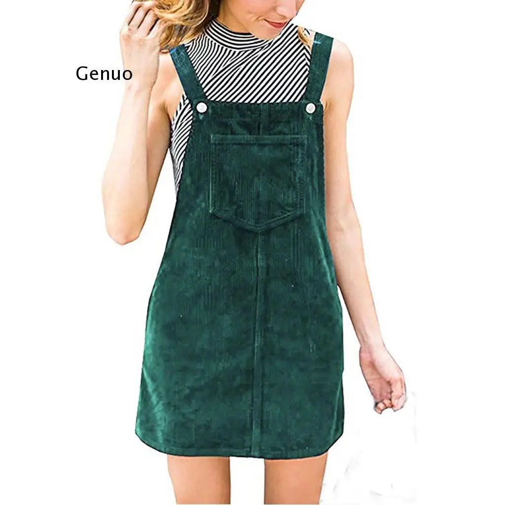 Women Corduroy Straight Suspender Mini Bib Overall  Casual Pocket Dress Button Knee-length lovely Solid color Dress