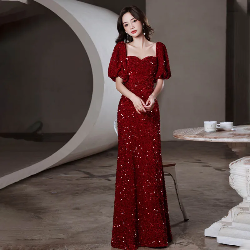

Evening Dress Simple Sequins Empire Short Sleeves Mermaid Square Collar Elegant Floor-Length New Woman Formal Party Gowns A1846