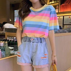 Cute Rainbow Striped Korean Fashion Harajuku Short Sleeve Women T Shirt Summer Casual Top Teen 2022 Tunicode Oversized Clothing