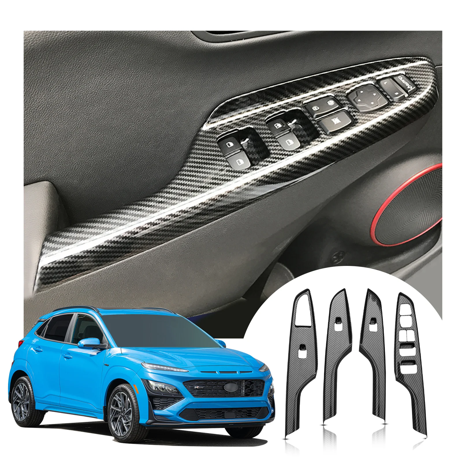 LFOTPP Car Carbon Fiber Panel Cover for Kona 2018 2019 2020 2021 2022 Door Armrest Button Auto Interior Styling Accessories