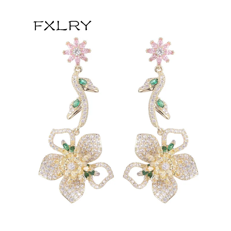 

FXLRY High Quality Fashion Micro-Inlaid Colorful Zircon Gold Flower Long Earrings For Women Wedding Jewelry