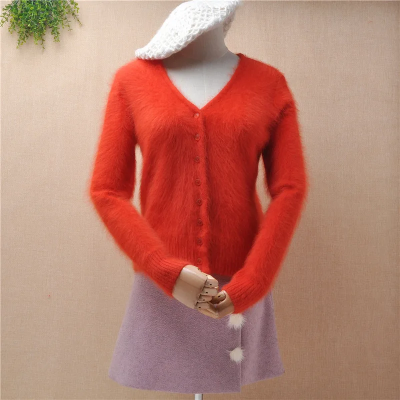 

ladies women fashion hairy angora rabbit fur knitted v-neck christmas red long sleeves slim cardigans mink cashmere jacket coat