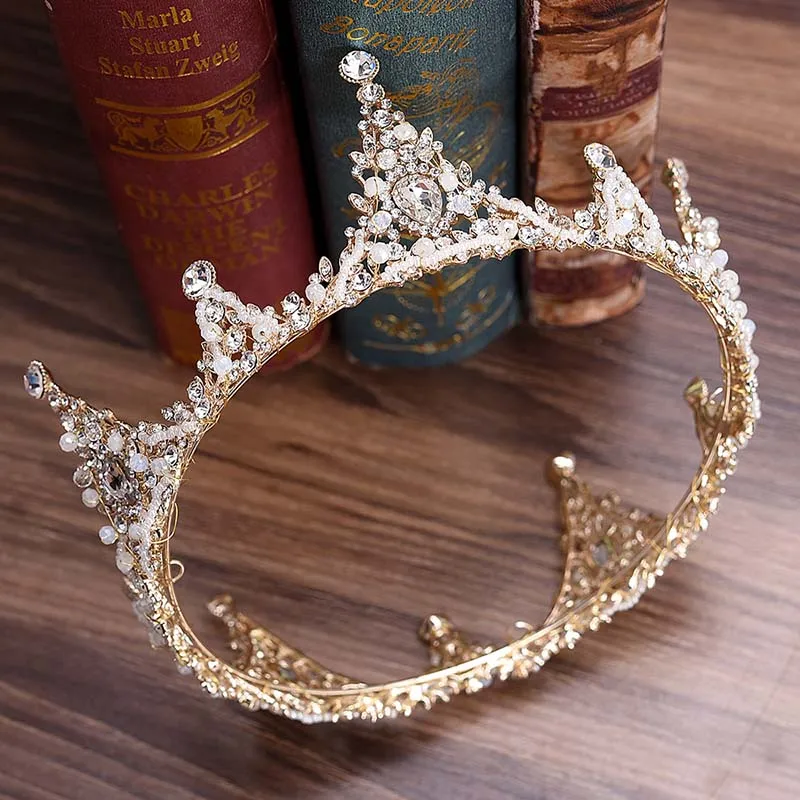 Baroque Bridal Crown Crystal Beads Full Round Tiara For Women Queen Diadem Wedding Hair Ornaments Jewelry Hair Accessories Ml