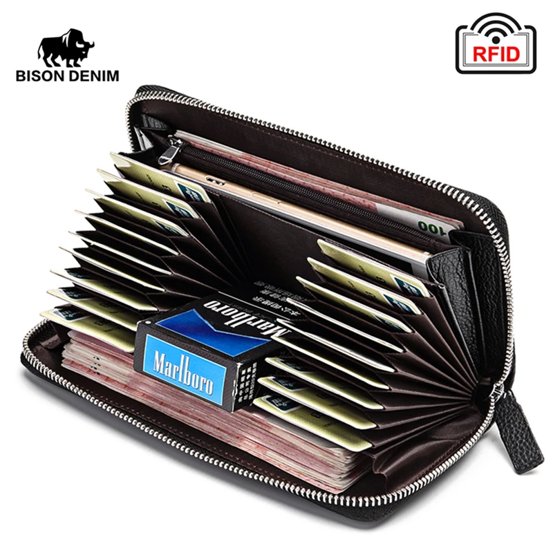 BISON DENIM 100% Cow Leather Clutch Wallets for Men RFID Blocking Card Holder Wallet Coin Purse Long Phone Wallet