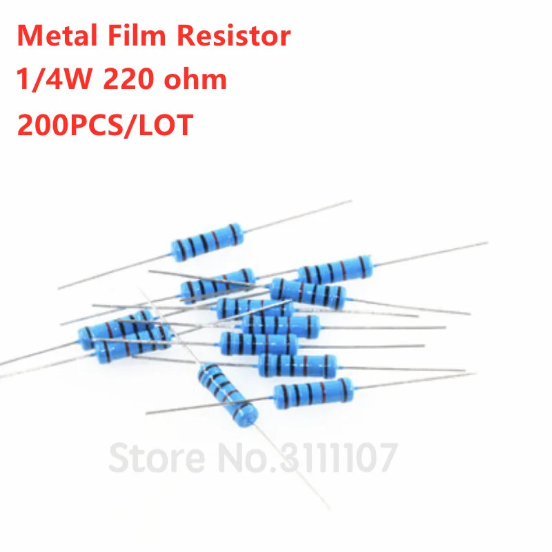 

200PCS/LOT 1/4W 220 ohm resistor +/- 1% ROHS1/4w 220R Ohm Metal Film Resistors / 0.25W Watt Color Ring Resistance Carbon Film