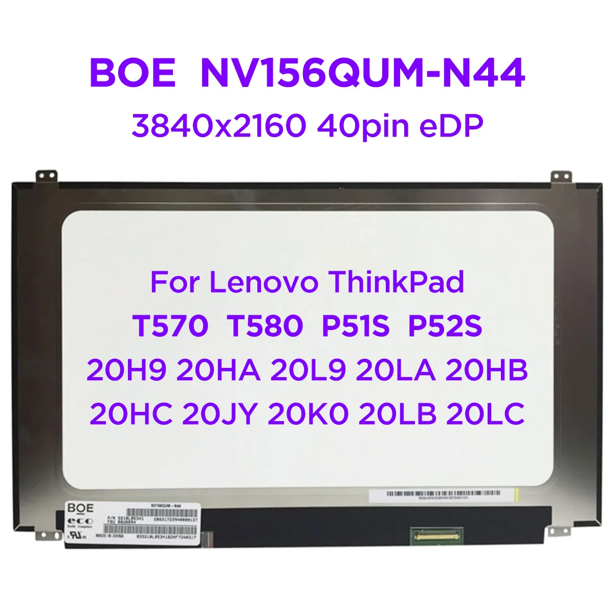 

New Original NV156QUM-N44 15.6" Laptop LCD Screen For Lenovo T570 T580 P51s P52s 20H9 20HA 20L9 20LA 20HB 20HC UHD4K 3840x2160