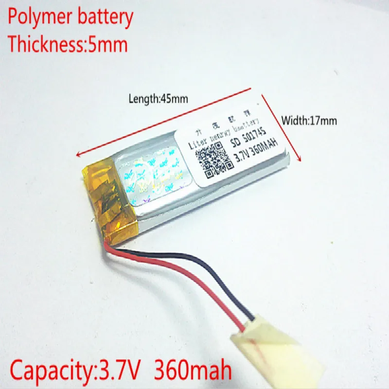 3.7V 360mAh 501745 Lithium Polymer Li-Po li ion Rechargeable Battery cells For Mp3 MP4 MP5 GPS  mobile bluetooth