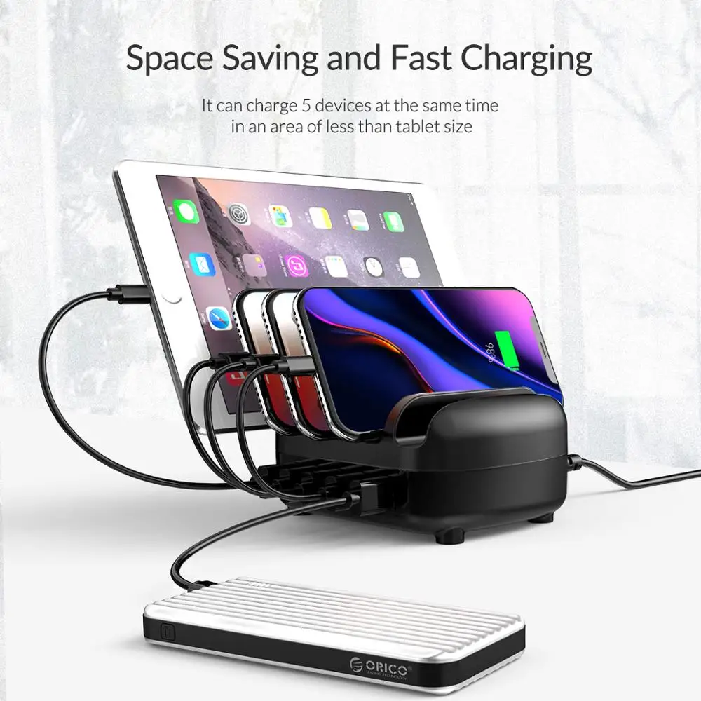 ORICO 5 Ports USB Charging Station Dock with Holder 40W 5V2.4A USB Charging Free USB Cable for iPhone PC Tablet