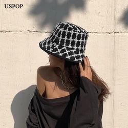 USPOP New Autumn Winter Women Bucket Hats tweed Plaid Wide Brim Bucket hats Panama Hats