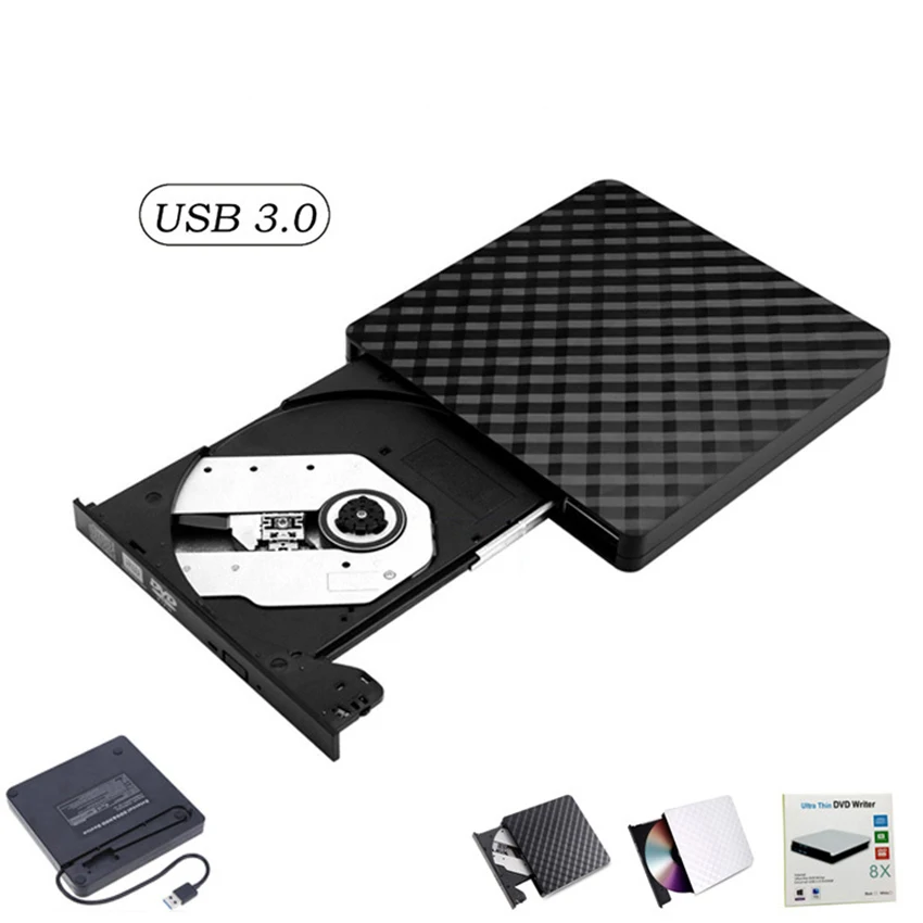 Portable USB 3.0 External DVD Burner CD/DVD ROM CD RW Player Optical Drive Writer Recorder for Laptop Computer Black White