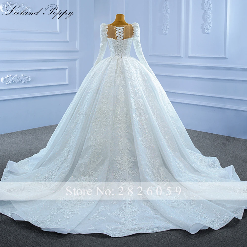 Lceland Poppy A Line Full Sleeves Lace Wedding Dress Pearls Beaded Floor Length Vestido de Novia Court Train Bridal Gowns