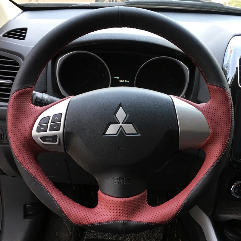 Shining wheat Black Genuine Leather Steering Wheel Cover for Mitsubishi Lancer X 10 2007-2015 Outlander 2006-2013 ASX 2010-2013