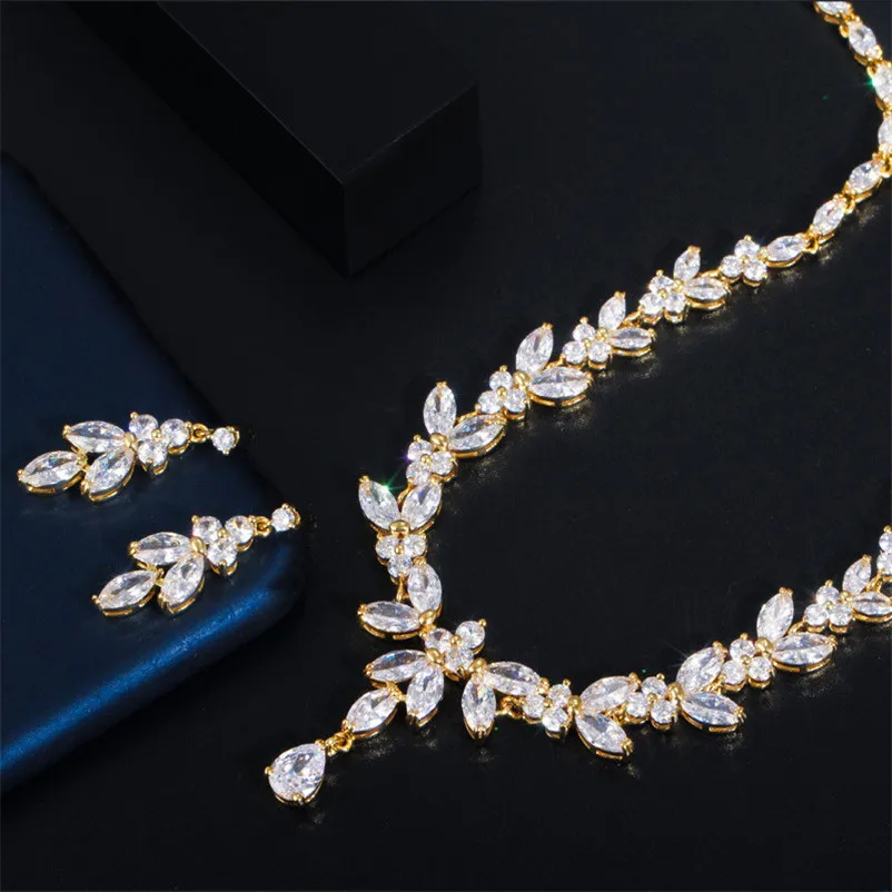 CC Jewelry Sets For Women Olive Branch Design Water Drop Fine Gift Brides Popular Wedding Party Necklace Earring Set T0133