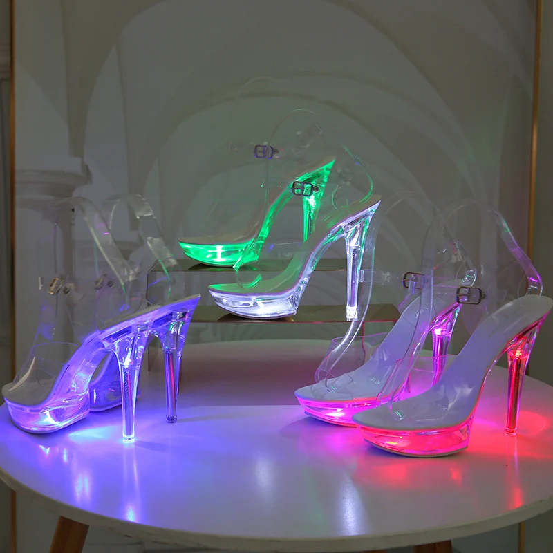 Light Up Glowing Shoes Woman Luminous Clear Transparent  Sandals Women Platform Shoes LED 13cm High Heel Stripper Heels Shoes