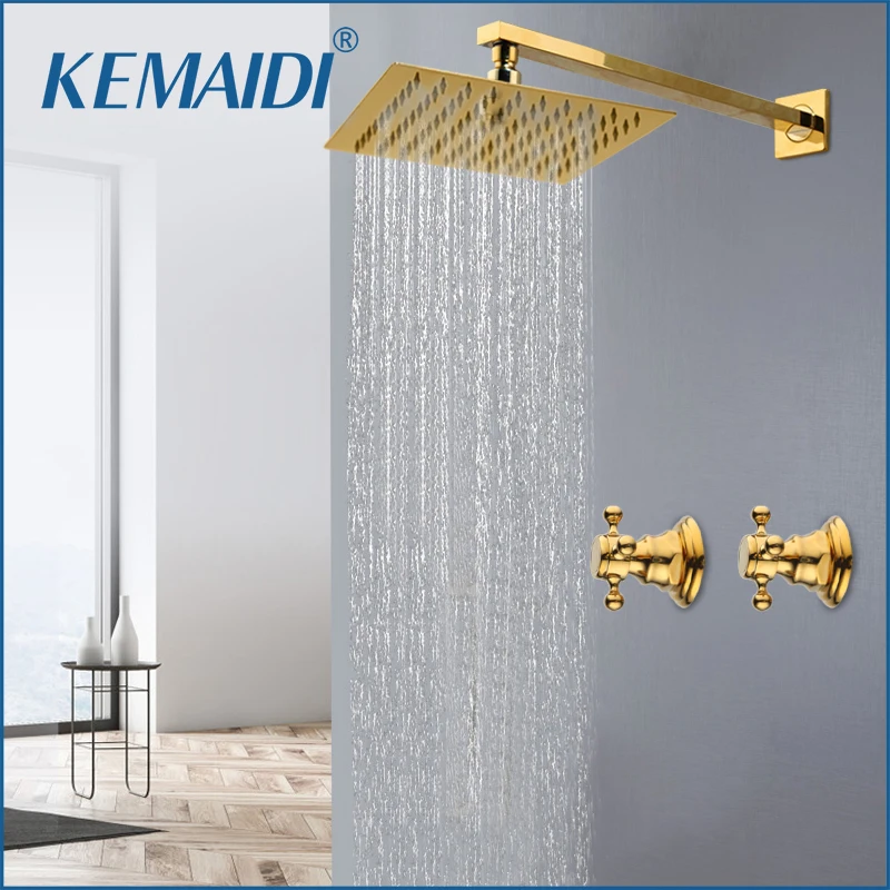 KEMAIDI Gold Plated Bathtub Shower Mixer 10 Inch Shower Head 2 handle Shower Faucets Set Rainfall Shower System Wall Mount