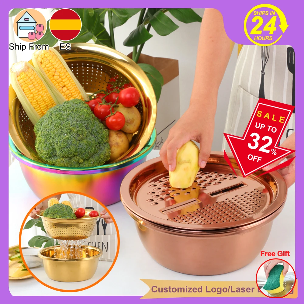 

Manual Stainless Steel Strainer Rice Washing Basin Filter Gold Vegetable Grater Fruit Peeler Household Metal Kitchen Utensil set