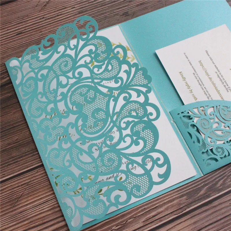 Sky blue wedding invitations save the days marriage announcement pearl tri-fold pocket personalized printing multi colors