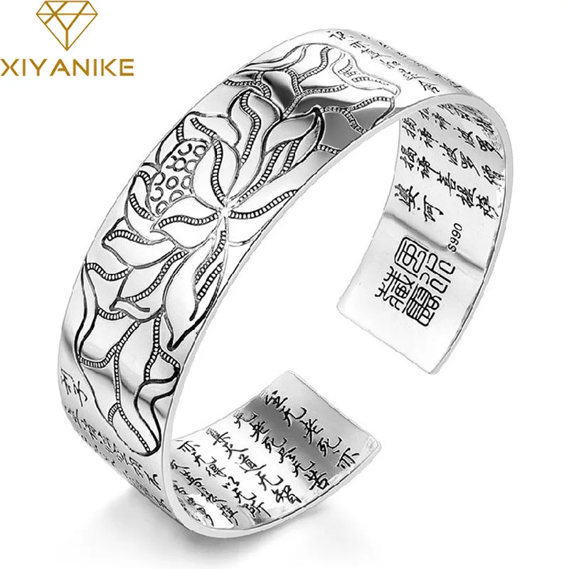 

XIYANIKE Silver Color Vintage Elegant Lotus Flower Cuff Bracelet Thai Silver Religious Jewelry for Women Size Adjustable