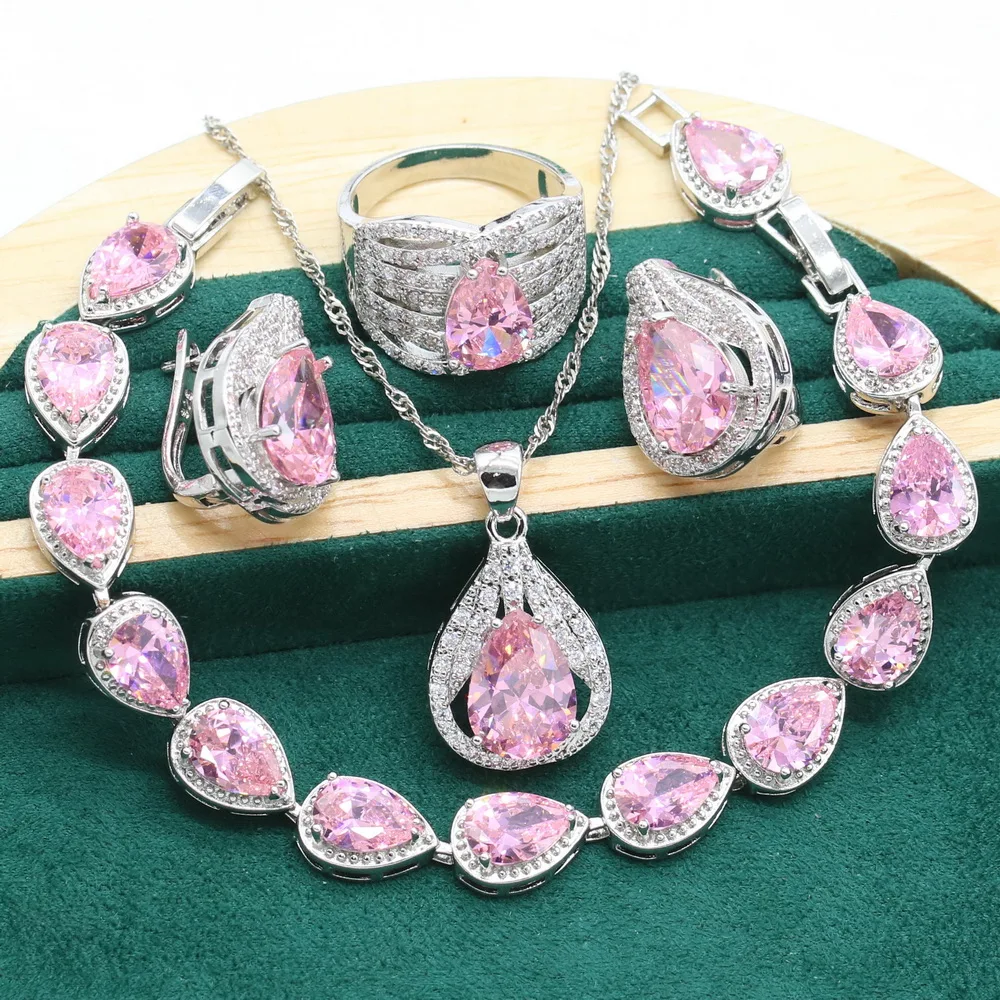 925 Sterling Silver Jewelry Sets For Women Green Blue Pink Zircon Bracelet Ear Clip Earrings Necklace pendant Ring Free Gift Box