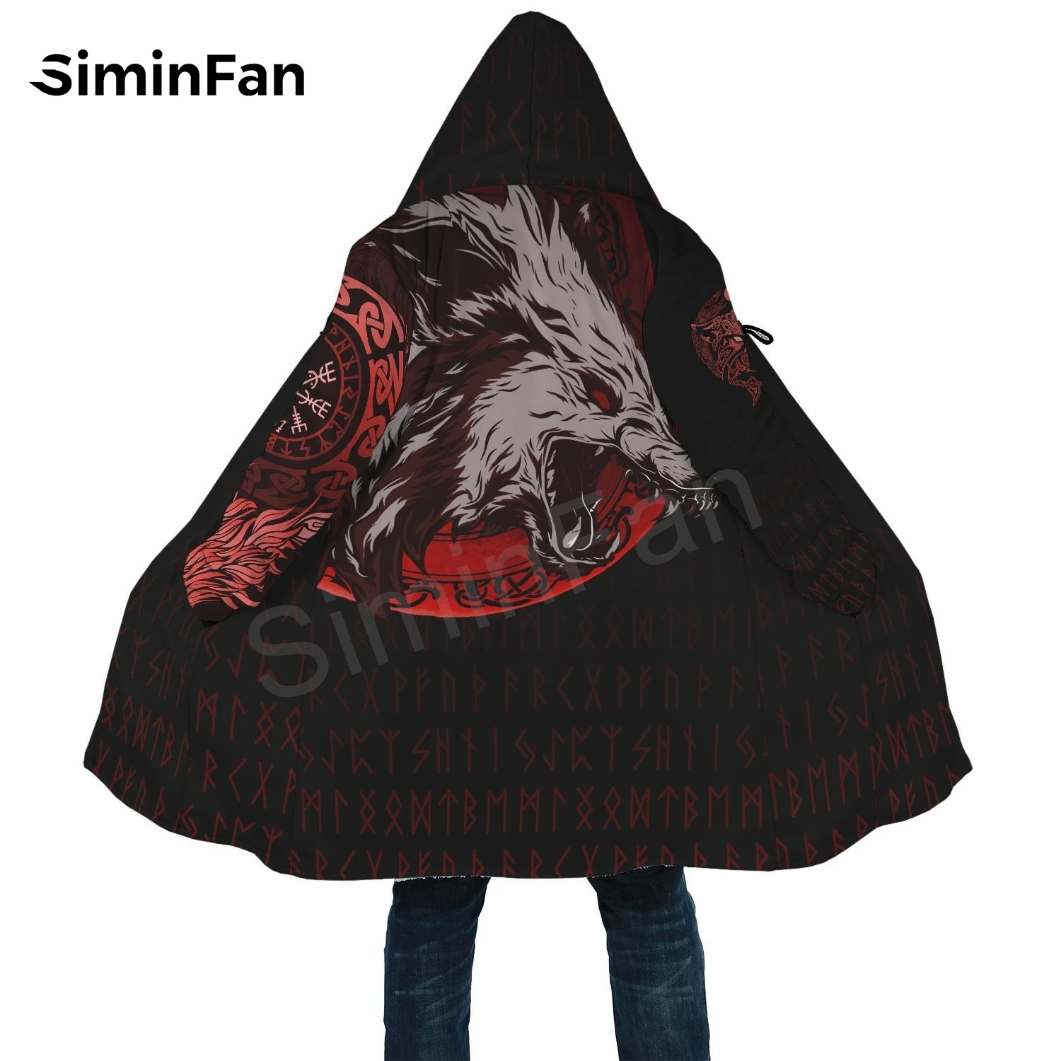 Viking Fenrir Wolf 3D Printed Mens Hooded Cloak Windbreaker Winter Thick Flannel Coat Unisex Casual Cashmere Warm Cape Jacket 01