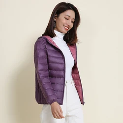 Abrigo de plumón de pato para mujer, chaqueta Reversible de doble cara, ultraligera, con capucha, a prueba de viento, para Otoño e Invierno