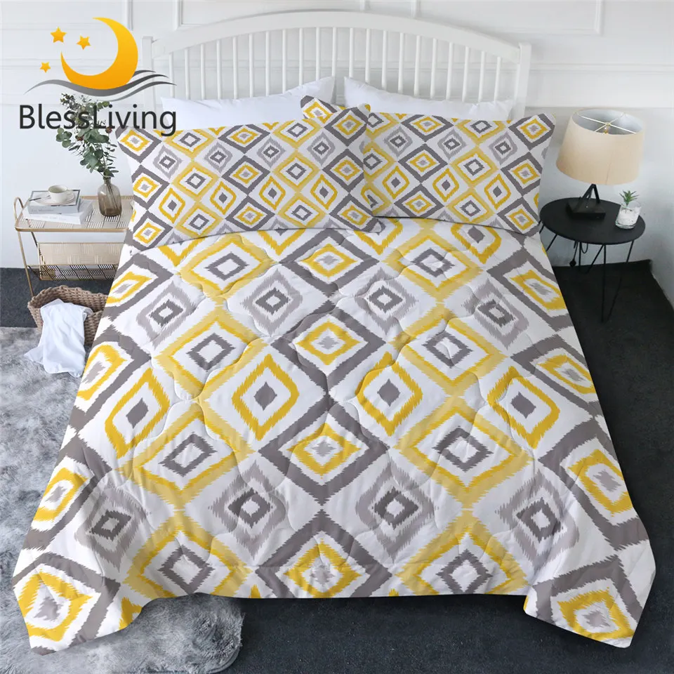 

BlessLiving Geometric Quilt Set Rhombic Summer Comforter Yellow Grey White Bedding 3 Pieces Modern Colcha Verano Queen King