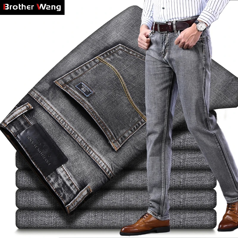 2022 New Men\'s Stretch Regular Fit Jeans Business Casual Classic Style Fashion Denim Trousers Male Black Blue Gray Pants