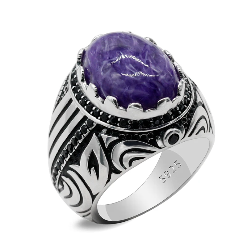 

925 Silver Natural Purple Dragon Stone Men's Auspicious Handmade Turkish Stamp Rock Retro Jewelry Men's Ring Party Gift