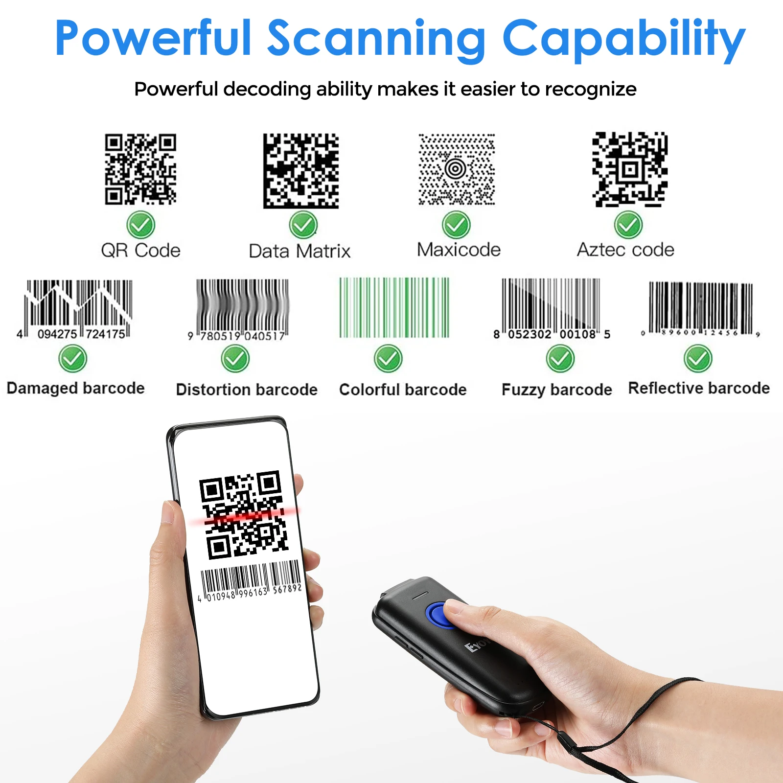 

Eyoyo wireless barcode scanner 1d 2d qr bar code Cordless Image Reader for Tablets Android iOS Mini Bluetooth Barcode Reader