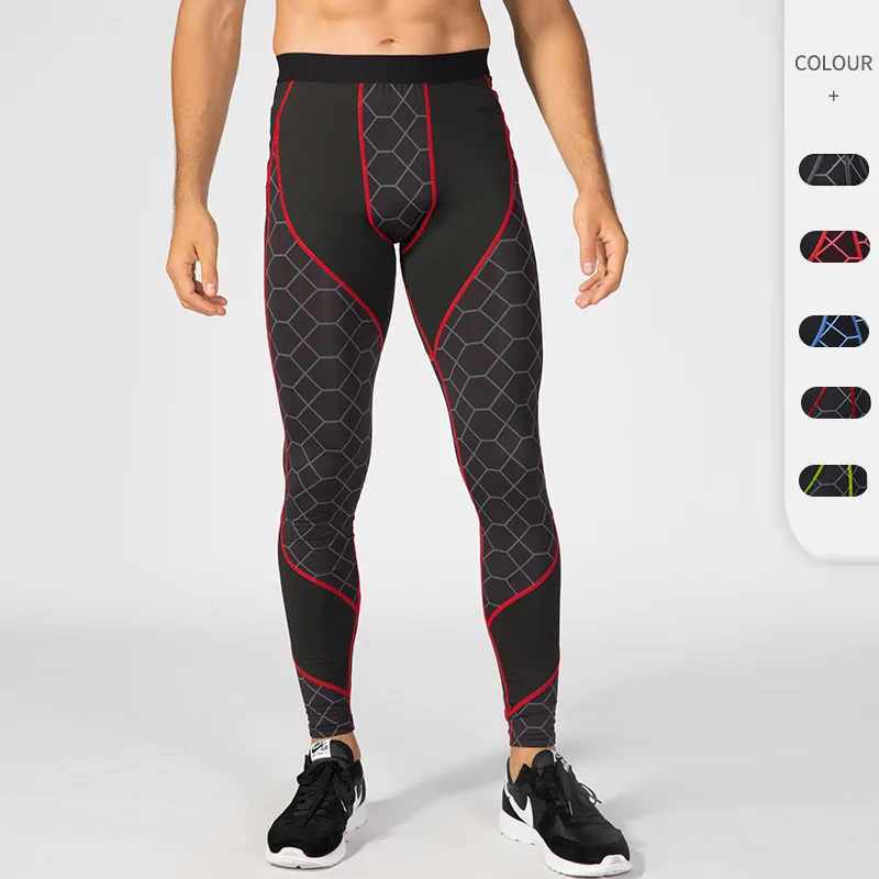 Men\'s fitness pants printed splicing sports running training sweating fast drying high elastic tight pants cycling pants