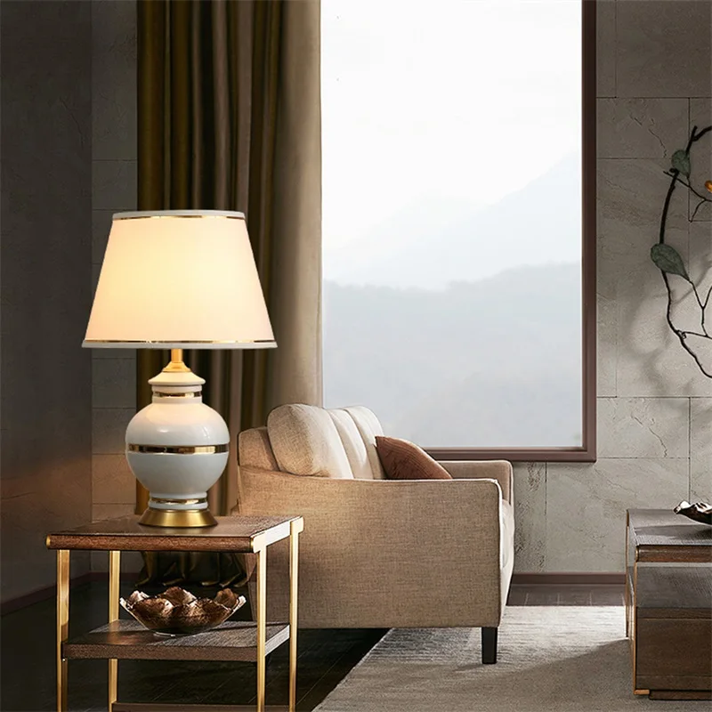 OURFENG Luxury Bedside Table Lamp Ceramic Blue Desk Light Copper Home Decorative for Living Room Office Bed Room Study