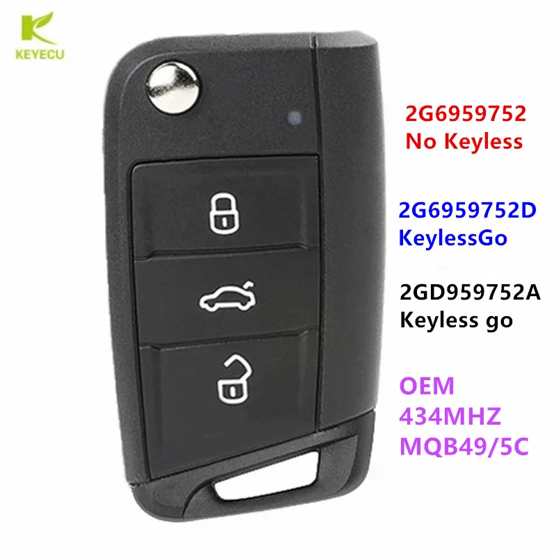 KEYECU Genuine OEM Flip Remote Smart Key FOB 434Mhz for VW T Cross POLO 2019+ SKODA GOLF SEAT 2G6959752 /2G6959752D/2GD959752A