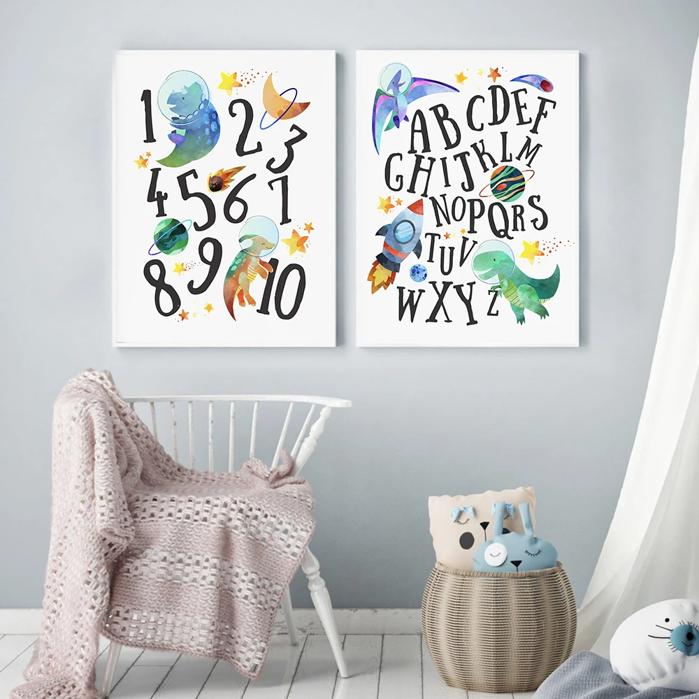 Space Alphabet Numbers ABC Kids Wall Posters Nordic Watercolor Dinosaurs Art Print Canvas Playroom Nursery Wall Decor Pictures