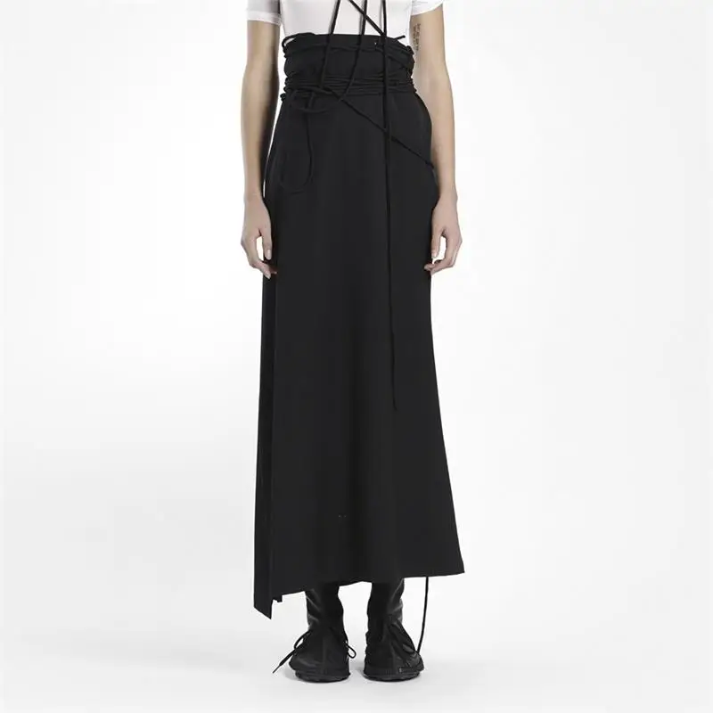 Chinese Style Asymmetric Wide Leg Skirt Simple Trousers with Multiple String Design