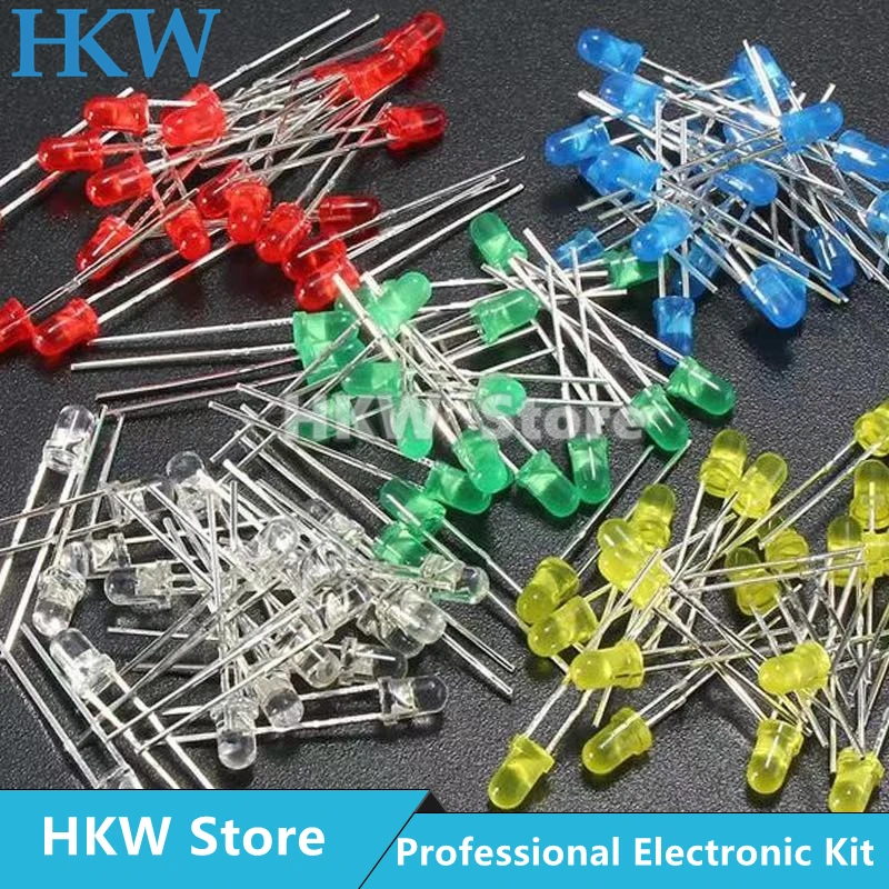 100pcs 3mm LED Diode 3 mm Assorted Kit White Green Red Blue Yellow Warm white DIY Light Emitting Diodes F3