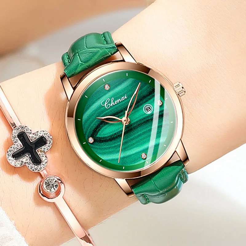 

2021 Fashion Chenxi Watch Women Green Watches Unique Stylish Malachite Antique Leather Fashion Female Wristwatch Reloj Mujer