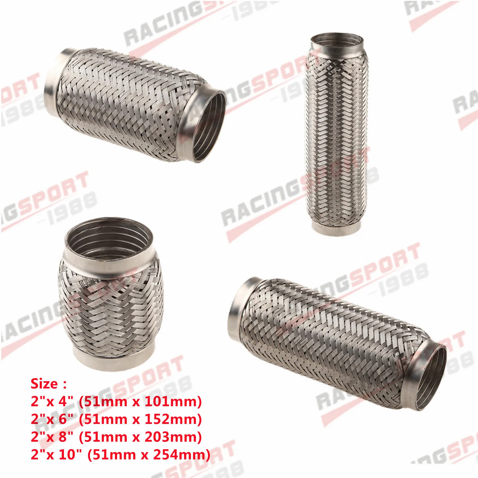 2.0 Inch(51mm) Stainless Steel Exhaust Flexible Pipe Hose Tube Flex Coupler With Interlock/Length 101mm 152mm 203mm 254mm