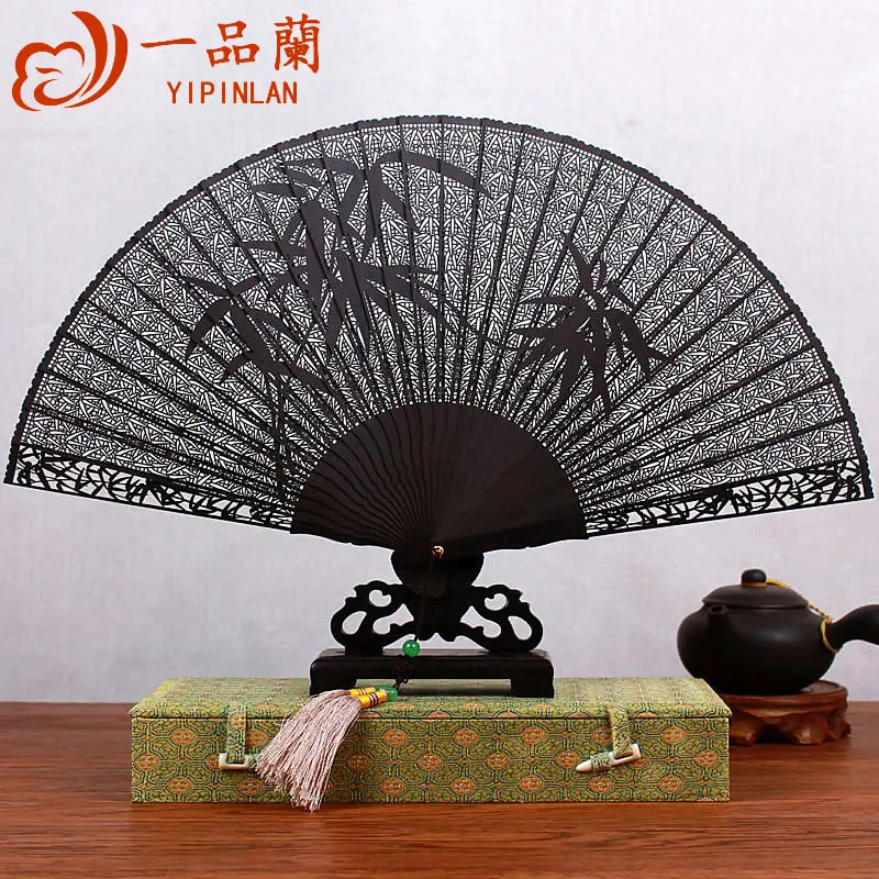 

|Suzhou sandalwood fan hollow wood black sandalwood Chinese fan ancient foldable fan classic craft gift ornaments