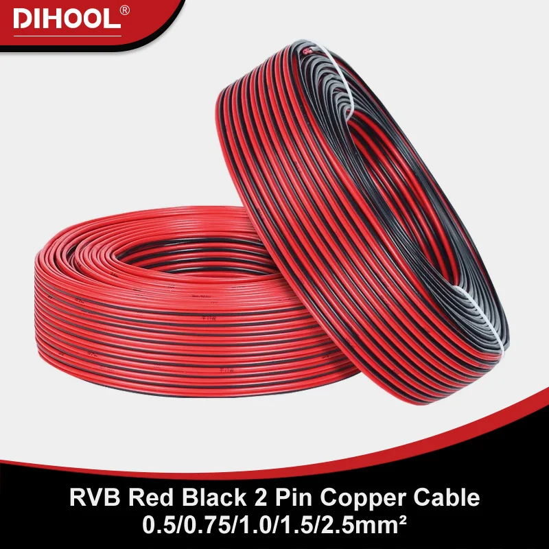 

10M RVB 2Pin Copper Electrical Wire Tinned Copper 22 20 19 18 16 14 AWG PVC Insulation Cables Red Black RVB Power Cord