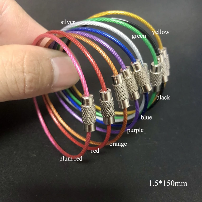 5pcs/lot 1.5*150mm Color Wire Rope Loop Stainless Steel Keychain Tag Rope Outdoor Camping Tool Key Chain Cable Key Ring Circle