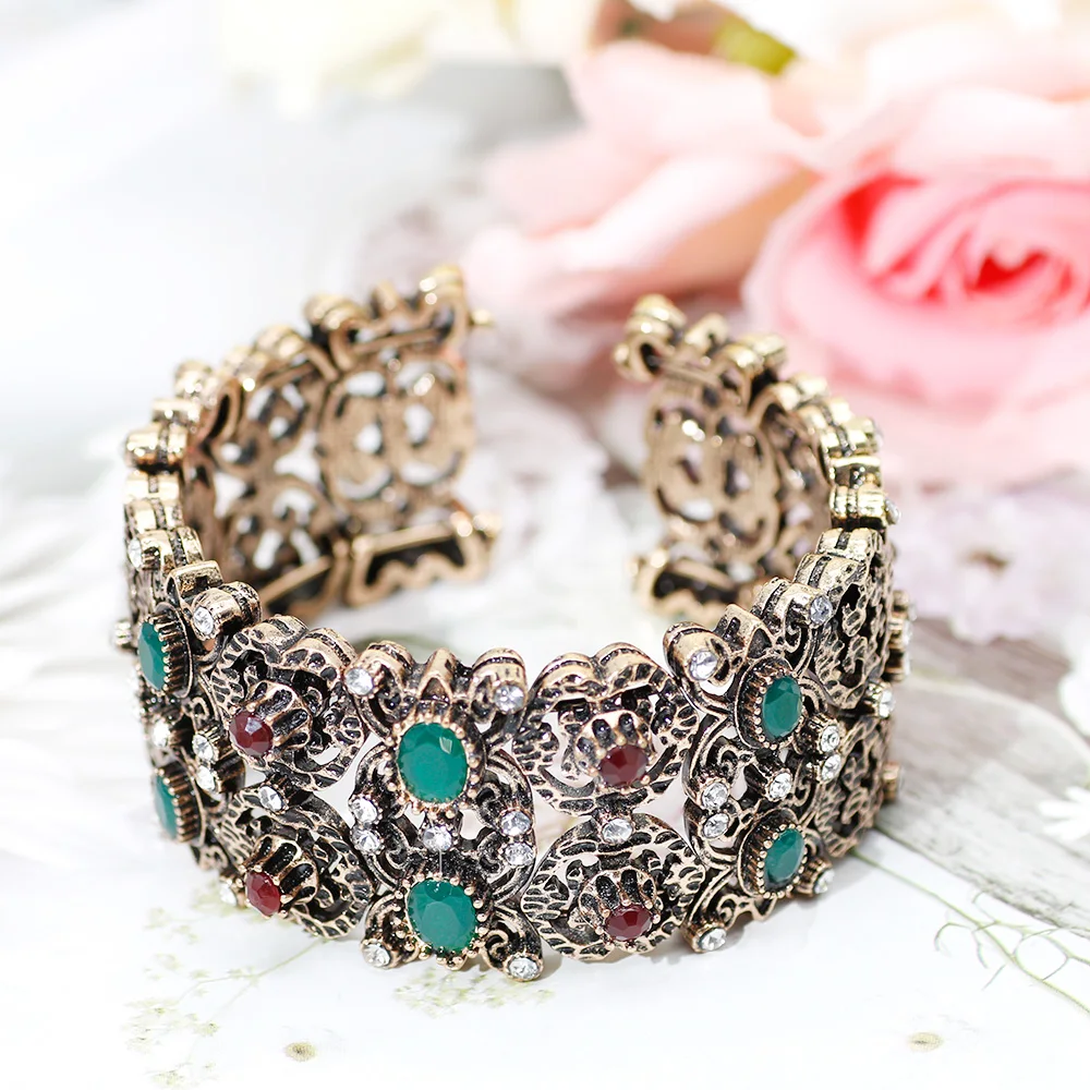 Sunspicems Retro Vintage Elastic Cuff Bracelet Turkish Women Flower Bangle Antique Gold Color Ethnic Wedding Bridal Jewlery