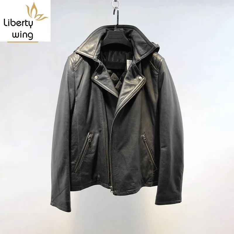 

Men Vintage Genuine Jackets Casual Hooded Black Motorcycle Biker Sheepskin Real Leather Coats Male Autumn Overcoat New